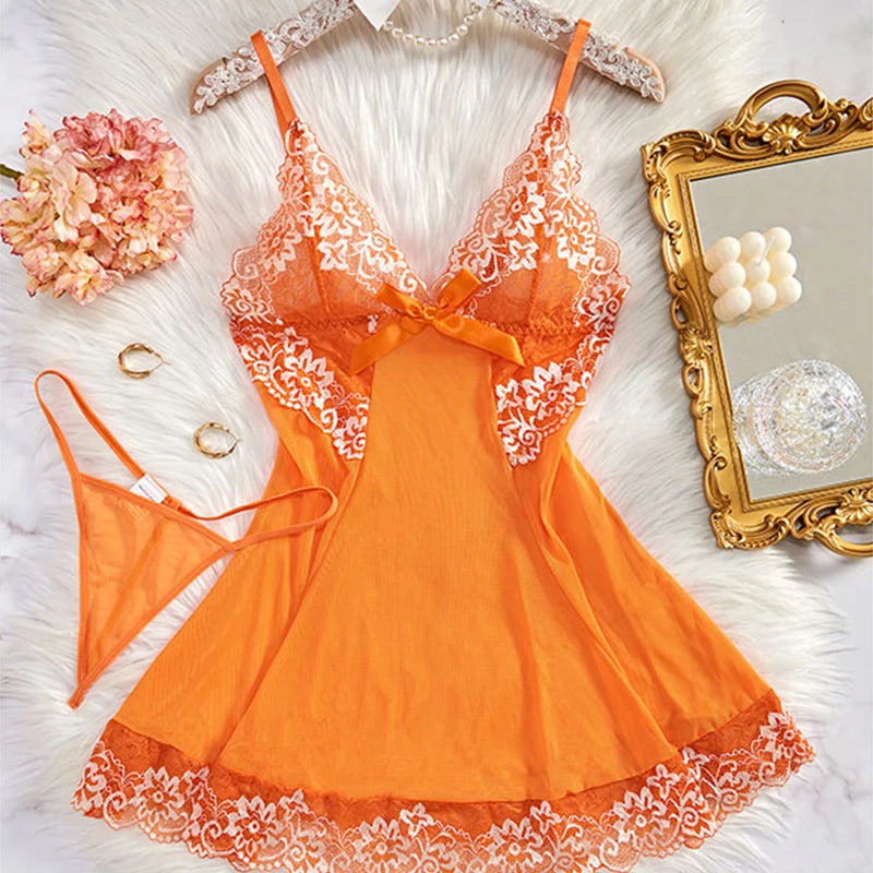 2 PCS Set S-2XL Plus Size Nightdress + Panty Pajamas Sets Women Underwear Lace See Through Sleepwear Sexy Lingerie Dress Female Sexy Nightwear For Night Party Sets