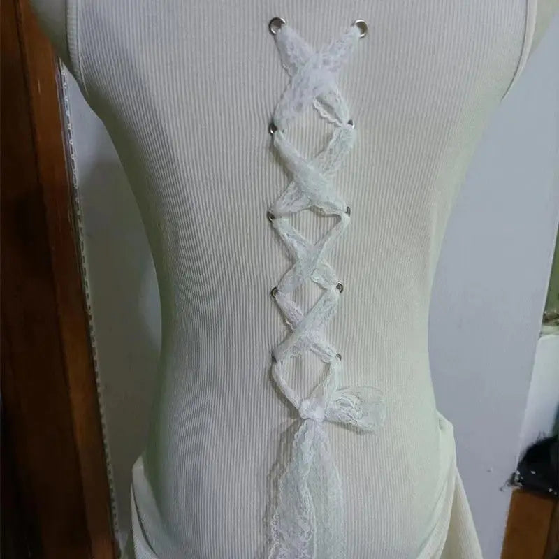 New Gothic Summer Drawstring Spliced Lace European and American Short Styles Sleeveless Slim Solid Color A-line Skirt
