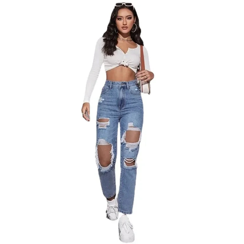 NEW Arrivals Women Jeans Distressed Straight Pants Ripped Denim Washing Ankle Length Holes Pockets High Waist Zipper Fly Flat Streetwear Solid Color Girls Casual Fashion Clothing Products