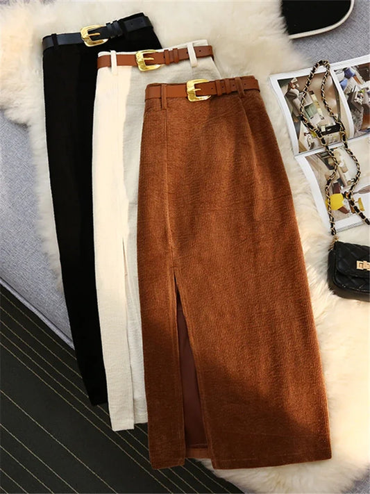 Autumn Winter Corduroy Women's Skirts with Belted New High Waist Straight Classic Front Split Skirts Ladies Female