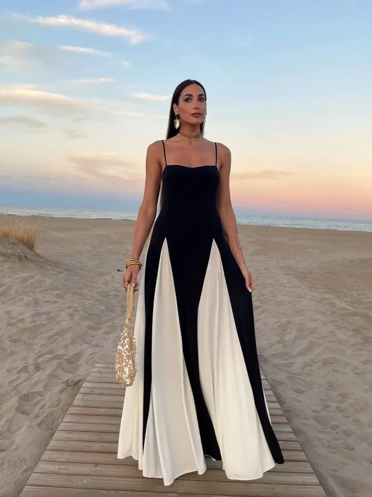 NEW Italian Fashion Gauze Contrasting Color Strap Sling-Long Sleeves Maxi Dress For Women Girls Elegant Backless Sleeveless High Waist Evening Party Dress Female Ladies Luxury Fashion Clothing Supplies