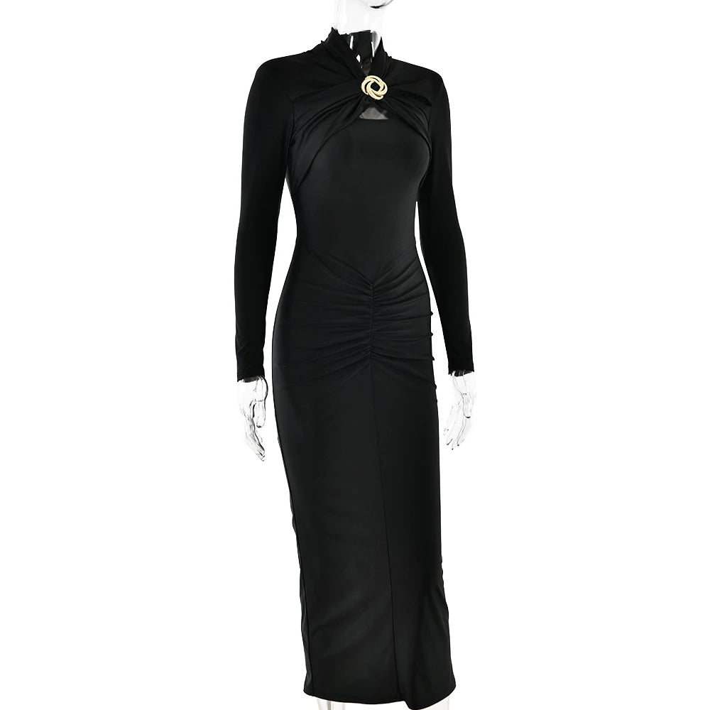 NEW Arrivals Big Save Elegant Long Sleeved Elastic Tight Long Dress Women Bodycon Pleated Party Club Evening Dress Hollowed Out Slim Female Ladies Luxury Fashion Clothing Products