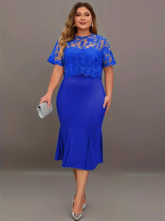 Plus Size Large Size Elegant Dress with Embroidered Patchwork and Solid Color Fashionable Slim Fit Long Dress