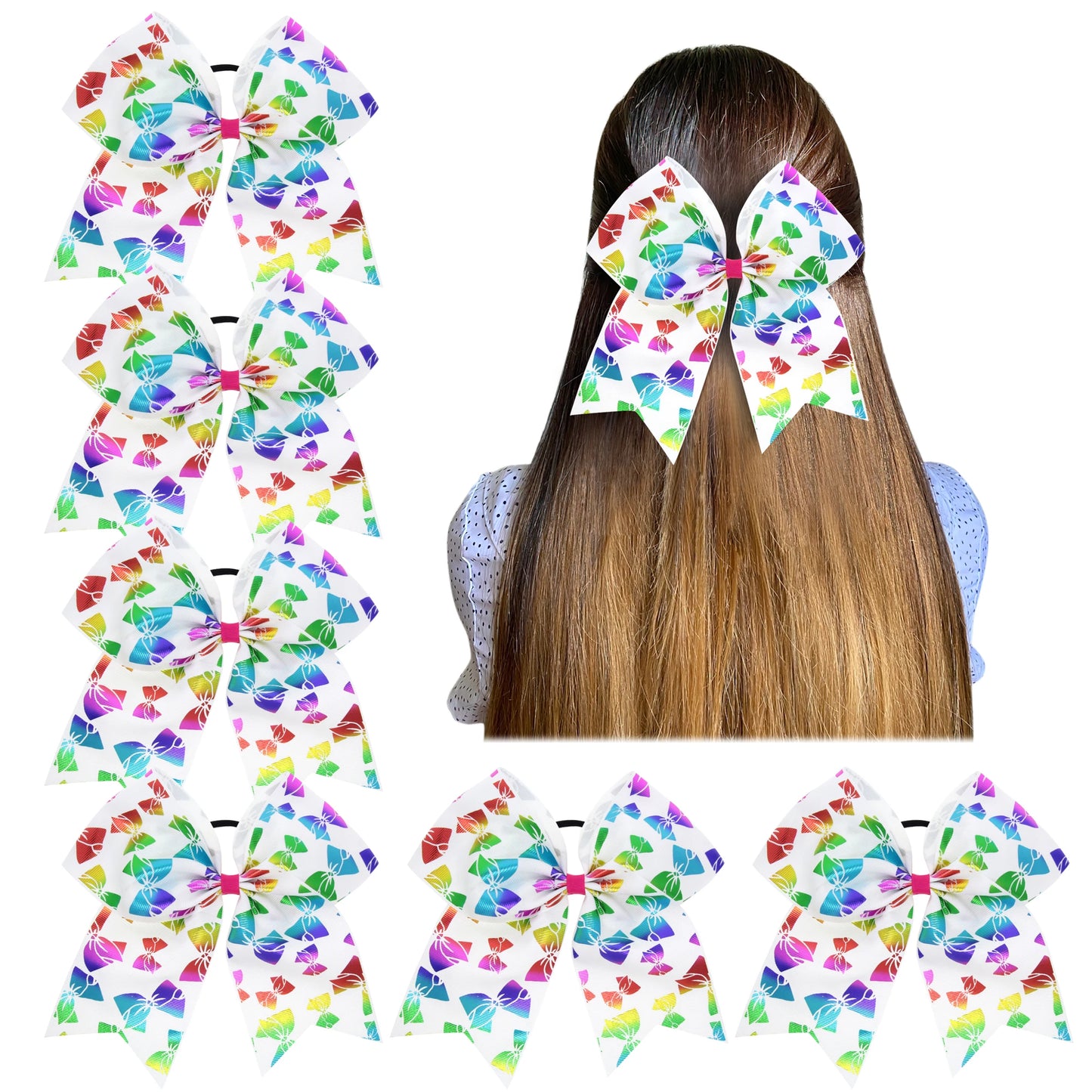 6 Pcs 8"Elastic Cheer Bow Hair bows Boutique Rainbow Grosgrain Ribbon Pigtail Holder For School Girls Teens Cheerleader