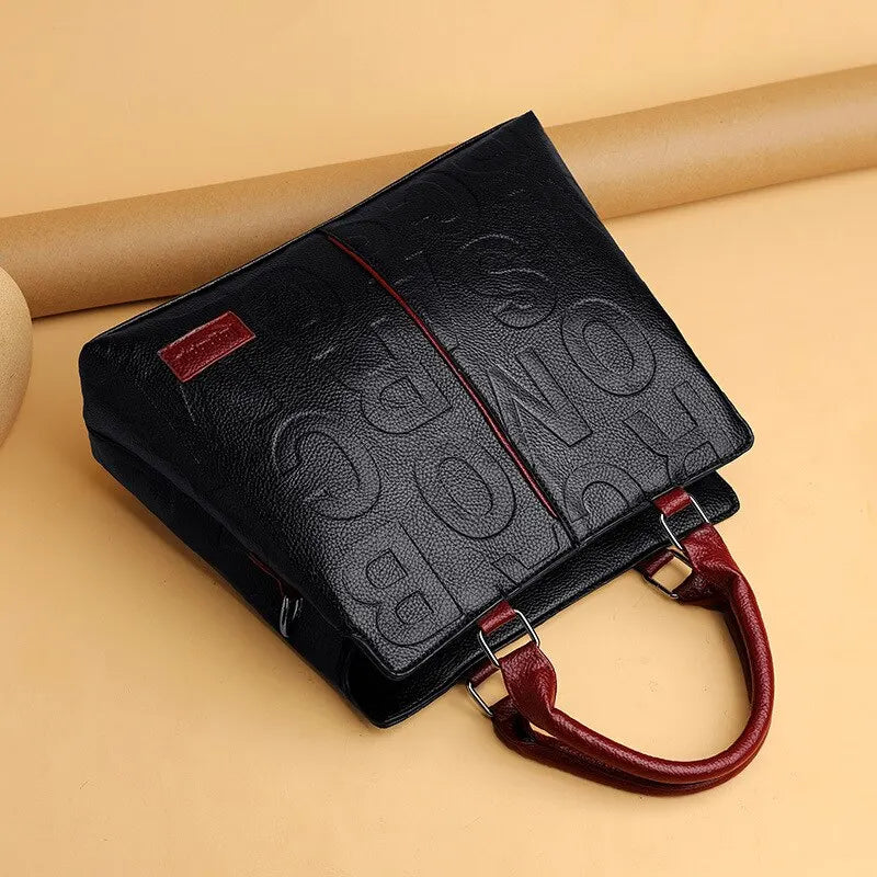 New Fashion Solid Color Shoulder Large Capacity Soft Leather Cloth Letter Embossed Ladies Handbag