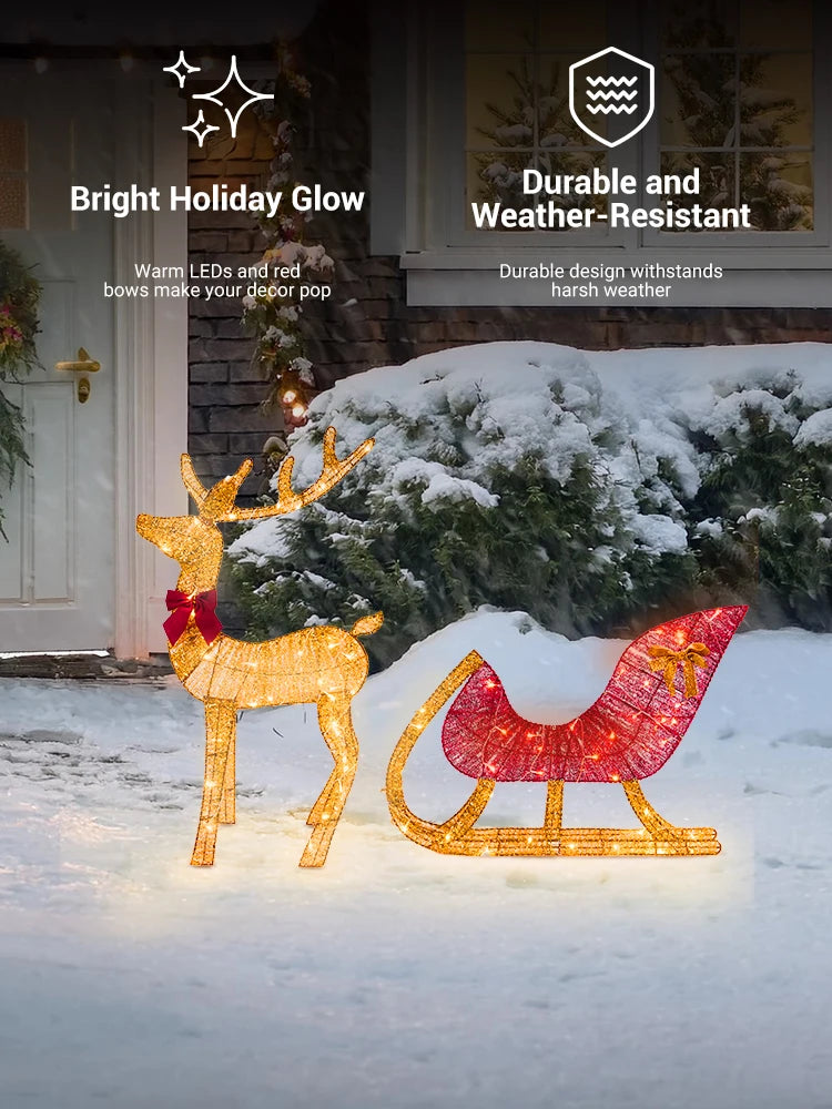 NEW Arrivals Lighted Christmas Reindeer and Sleigh Outdoor Yard Decoration Set with Lights Stakes Holiday Party Home Outdoor Garden Courtyard Lawn New Year Eve Decoration Accessories Supplies