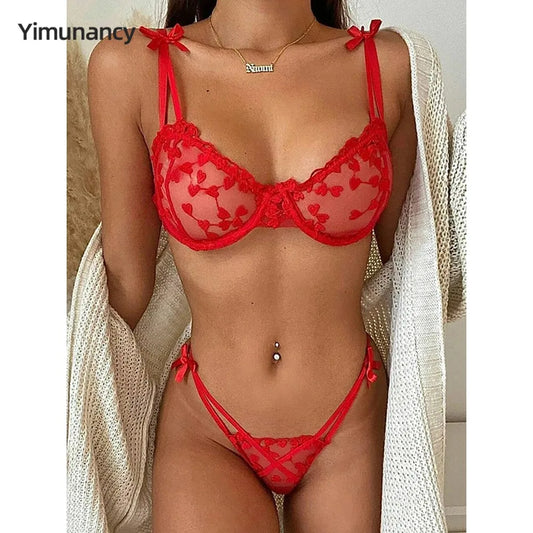 Yimunancy 2-Piece heart embrodiery lace intimates women transparent bow bra + panty lingerie set  sexy underwear set