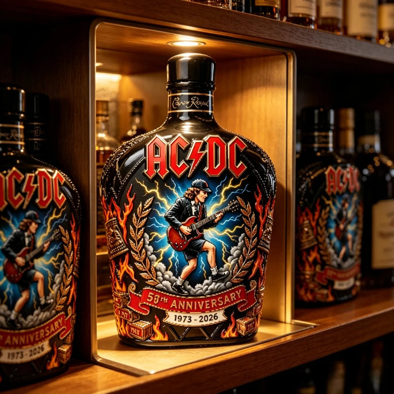 AC/DC Angus Young Lovers 50th Anniversary Collectible Whiskey Bottle 1973-2026 Rock Band Themed Liquor Bottle Collectible Home Bar Decor Gift Pubs Night Club Barware Supplies