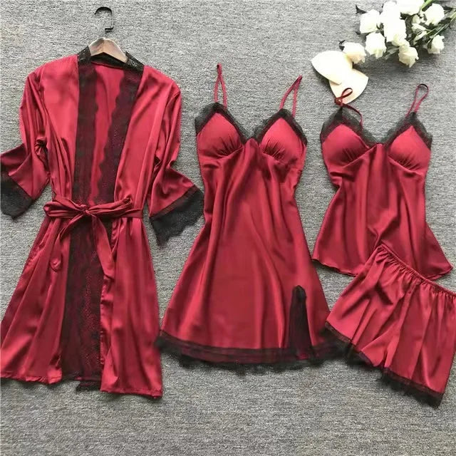 NEW BRANT 4PCS Set S-5XL Plus Size 6 Colors Women's Sleepwear Sexy Silk Ice Fabric Kimono Gown Home Clothes with Chest Pad Thin Material Comfortable Home Wear Ladies Nightgown Sets