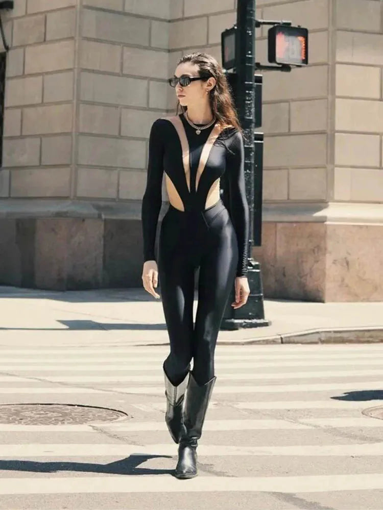 Sexy Mesh Patchwork Rompers Women Jumpsuits Fashion O Neck Long Sleeve Skinny Black Jumpsuits Female One Piece Overalls