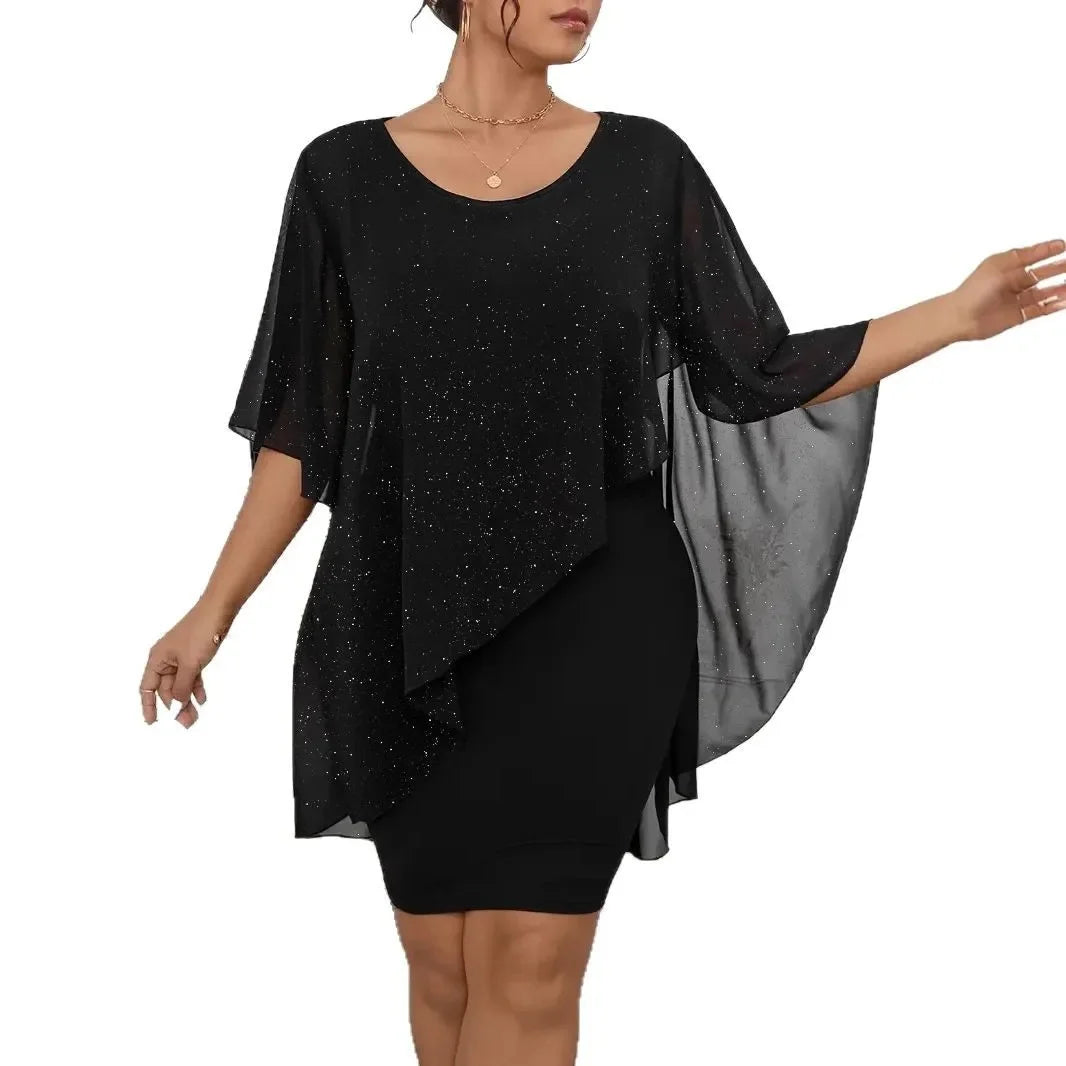 NEW Arrivals XL-4XL Plus Size Silver Heat Transfer Asymmetrical Chiffon Shoulder Wrap Black Dress Curvy Women's Fashion Cross-Border Large Code Formal Evening Dress
