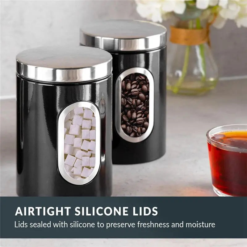 AB46-3 PCS Set Kitchen Canister Set With Secure Lids & Viewing Window Black Suitable For Sugar, Tea, Coffee, -Multi Food Storage Jar Kitchenware  Accessories Cooking Preparing Tools