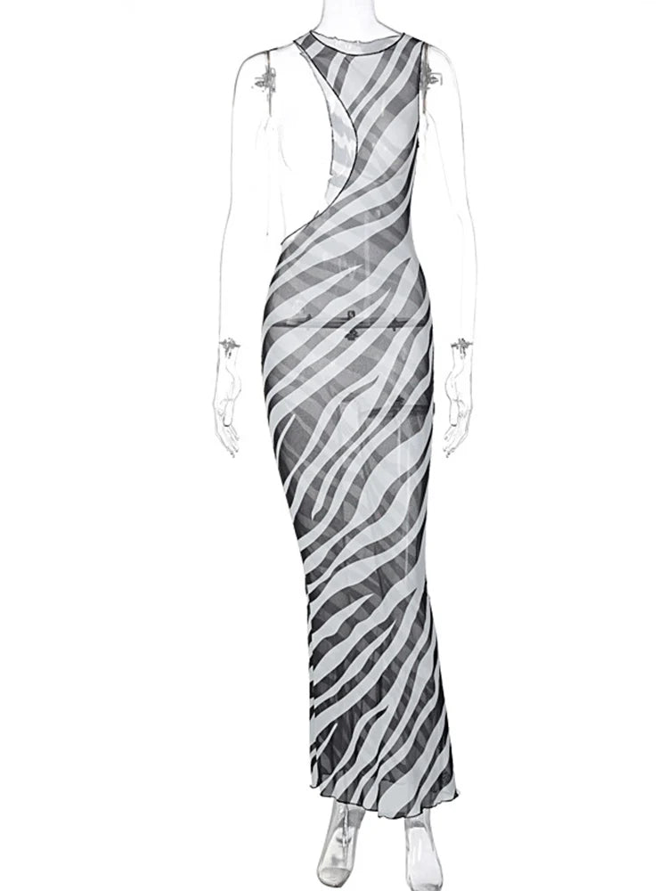Women's Sexy Zebra Long Beach Dress Cover-Ups Sexy Transparent Mesh Maxi Dress Striped Cut Out Bodycon Vacation Summer Dress Women Bathing Apparel Swimming Clothing Supplies