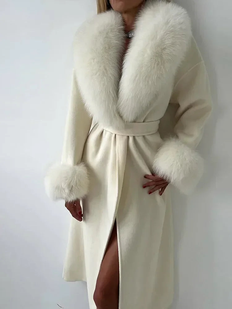 UK Size Black/White Mink Fur Overcoat + Brown/Black/Red Mini Hot Sexy Dress Patchwork Woolen Coat Women Full Sleeve V-Neck Lace Up Loose Long Overcoat Female Winter Commute Outerwear