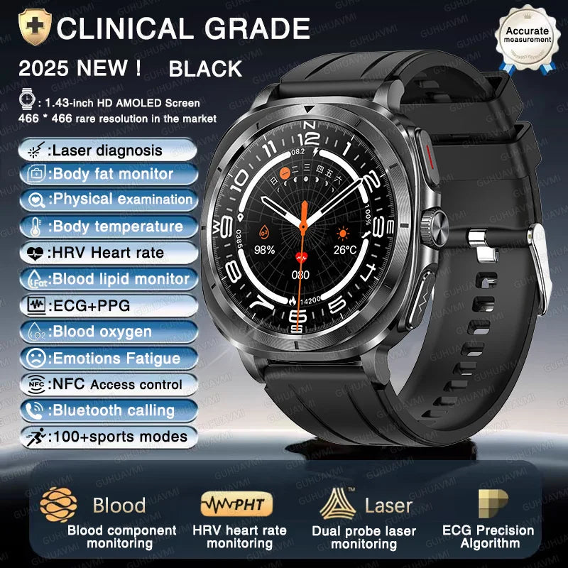 New Laser Therapy ECG Blood Pressure Smart Watch Uric Acid Blood Lipid Organ monitor Clock NFC BT Call Health Watches Men Health Care Supplies