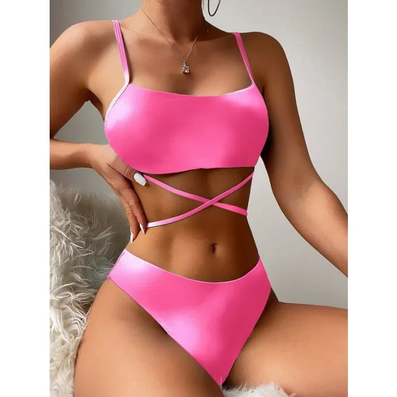 New Women Tie Dyed Split Bikini Sexy Hip Lifting Mesh Gradient Beach Three Piece Set Cross Swimwear Girl