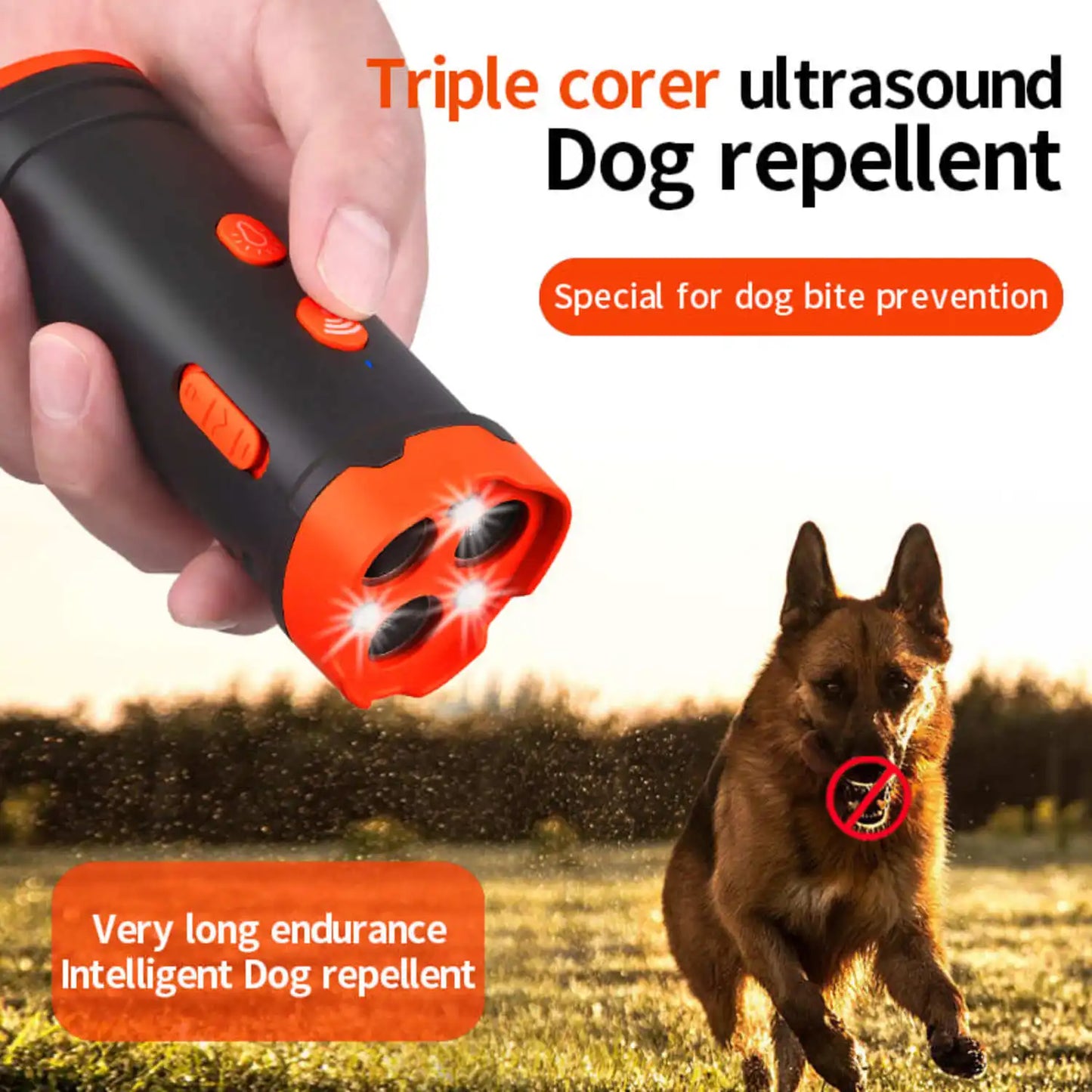 Ultrasonic Dog Repellent with LED Light Tri-core High Power Portable Handheld Ultrasonic Dog Trainer Repels Large Vicious Dogs