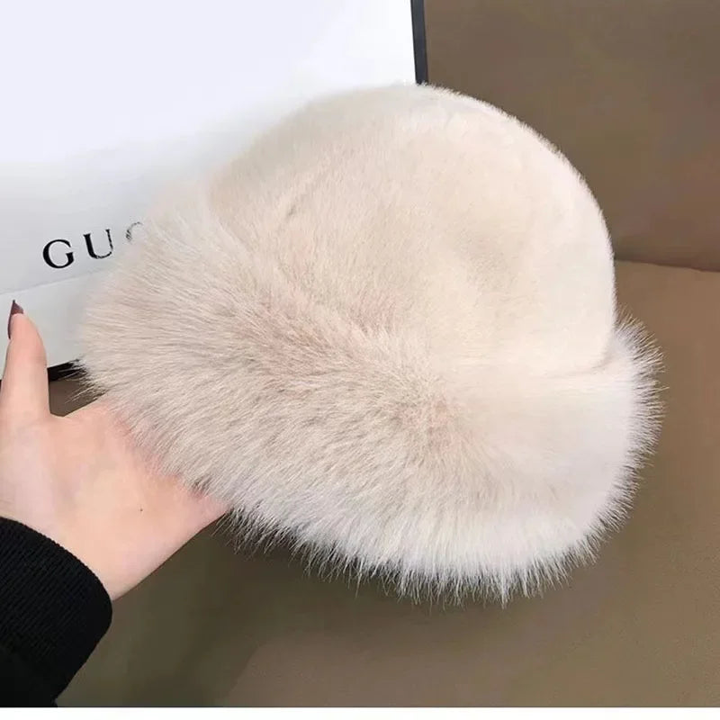 Beige White Women's Fox Fur Fisherman Hat Mongolian Warm Ear Protection Winter Cap White Plush Hat Soft Cozy Hat Fashionable Knitted Cap