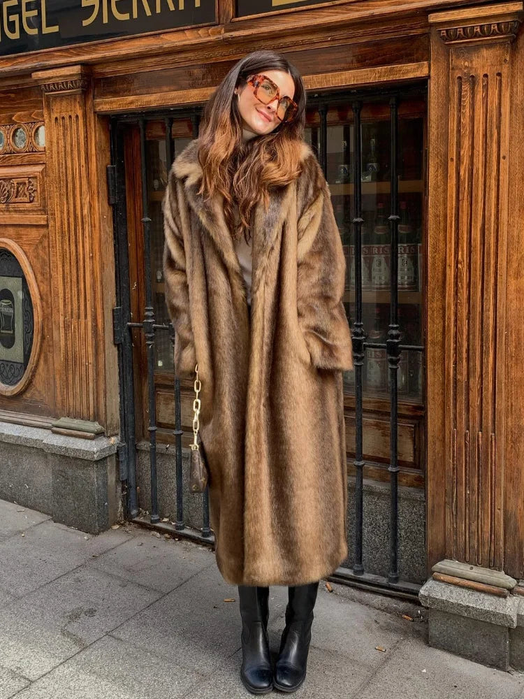 NEW HOT SALE Italian Style Luxury Women Ladies Dark Brown Faux Fur Long Overcoat Snow Clothes Supplies  Lapel Single Breasted Loose Fluffy Plush Warm Coat Winter Thicken Outerwear Female Luxury Fashion Clothing Products