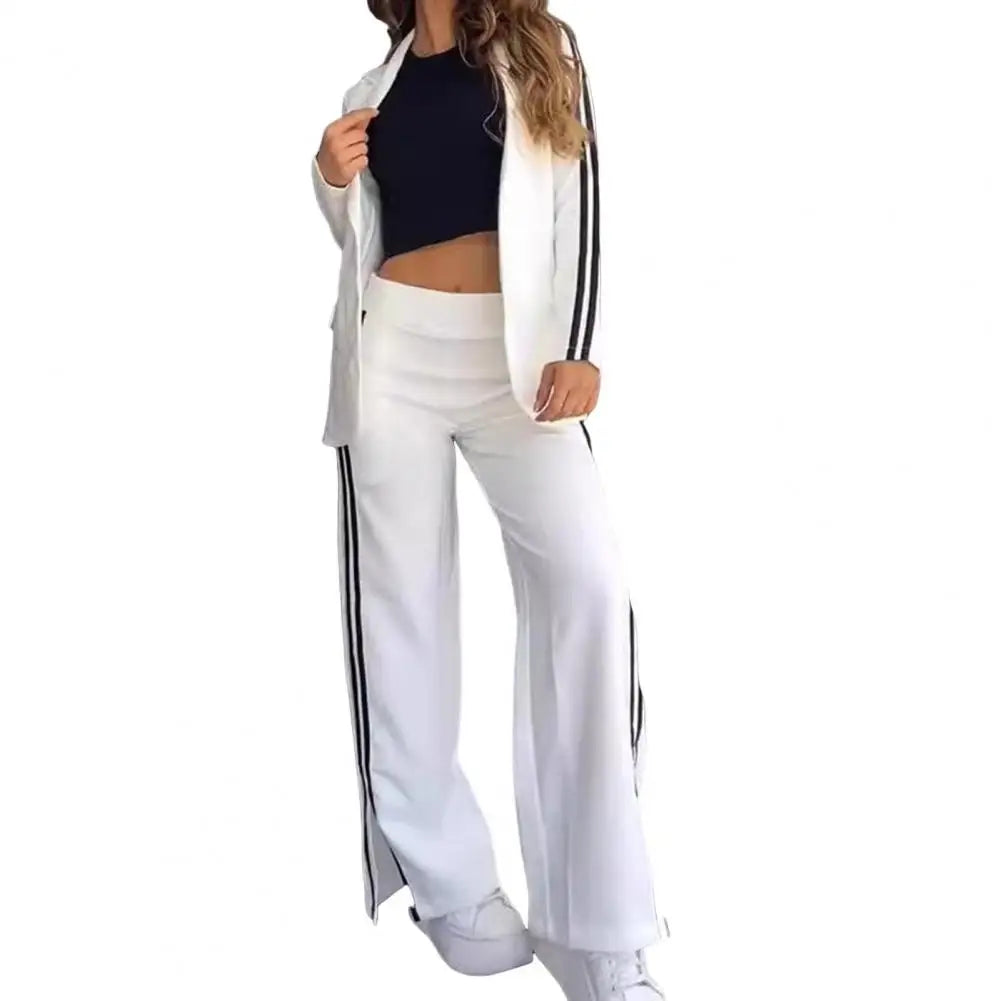 2 PCS Set S-3XL UK Size 5 Colors Women's Blazer Formal Coat Pants Set Autumn Winter Long Sleeves Jacket Loose Striped Wide Leg Casual Suit Outfit Girls Ladies Fashion Apparel Supplies