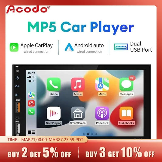 Acodo Dual USB 7 Inch Capacitive Screen Full Touch HD Car MP5 Player USB Bluetooth TF Card Touch Screen