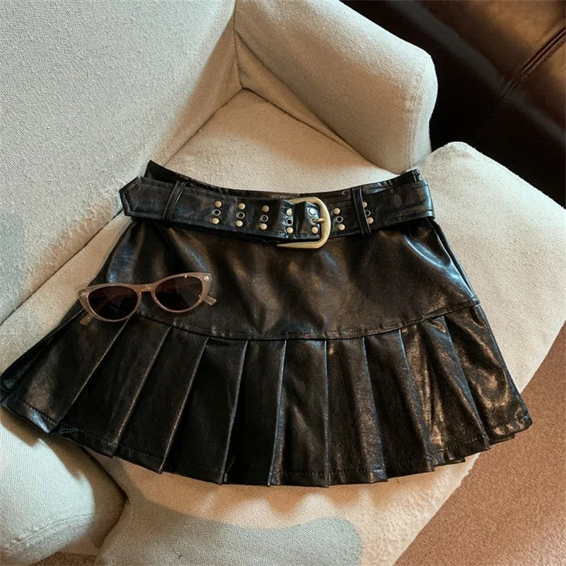 NEW Arrivals Women Black/Coffee Leather Skirt Harajuku Japanese Y2K Vintage Pleated Skirt 90s Aesthetic A-Line Mini Skirt Emo 2000s Punk Clothes Girls Sexy Casual Fashion Clothing Supplies