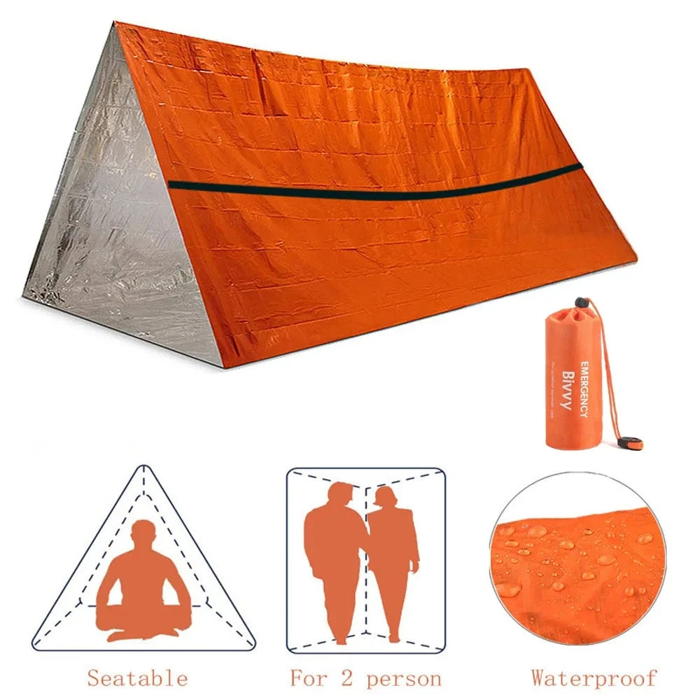2 Person Emergency Shelter Survival Tent Kit Mylar Tube Tent Sleeping Bag Waterproof Outdoor SOS Thermal Blanket Reusable Travel Camping Survival Supplies