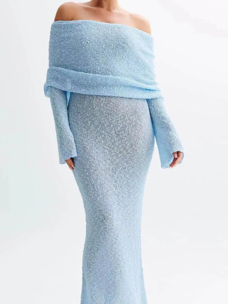 White Mini and Maxi Sexy See Through Dress Slash Neck Knitted Dress Women Thin Autumn Spring Summer Long Sleeve Elegant Vacation Beach Party Midnight Clubwear Mini Bodycon