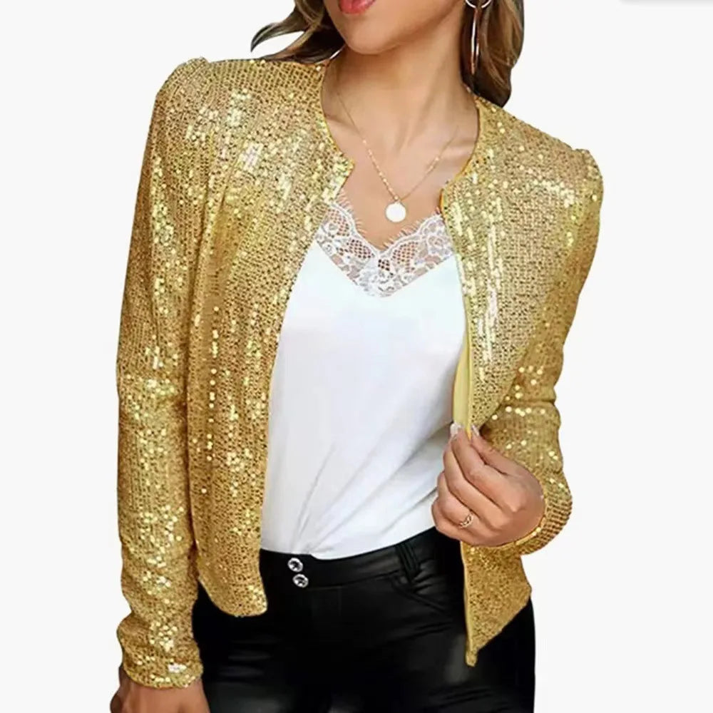 S-3XL Plus Size Elegant Chic Blazer Shining Sequins Short Coat New Fashion Long Sleeve O-Neck Cardigan Jacket Open Front Outwear Female Clothing Supplies