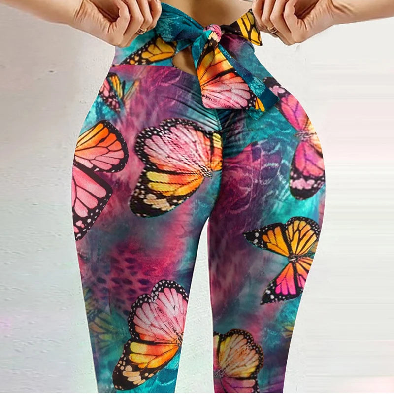 New Sports Breathable Fitness Pants High Elasticity Sweat-absorbent Hip Lift Printed Bow Tights High Waist Slim Yoga Pants Women