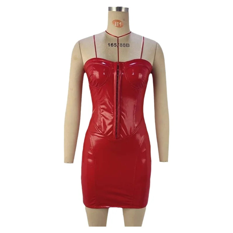 Just Arrived New Strapless Wrap Around PU Leather Mini Dress Sexy Backless Waist Cinched One Shoulder Street Style Short Skirt for Women Evening Party Night Clubwear Prom Clothes