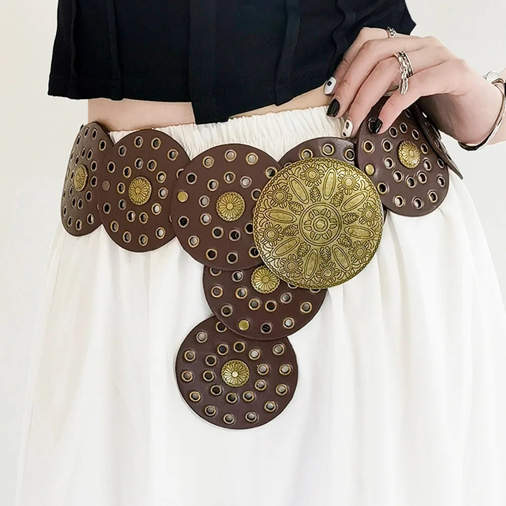 NEW Arrivals Vintage Women's Western Denim PU Leather Belt High Quality Metal Hollow Ladies Trend Wide Round Cutout Waistband Personalized Round Belts Ladies Girls Luxury Fashion Apparel Accessories Clothing Supplies