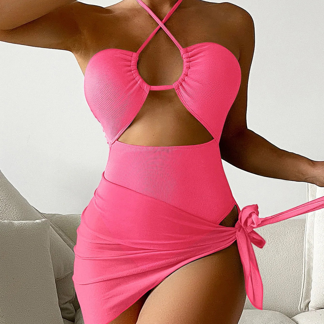 Cikini-Women's Cut-out Halter Swimsuit with Beach Skirt, Sexy Swimwear, Monochromatic Summer Bathing Suit, 1 Piece