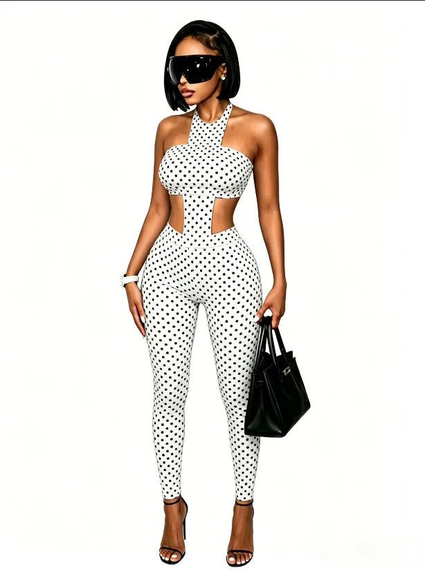 Just Landed 2 PCS Set Black/White Color Polka Dot Halter Crop Top Set Hollow Out High Stretch Skinny Pants Y2K 2026 Women Sexy Night Club  Evening Party Tracksuit Female Apparel Sets Clothing Supplies