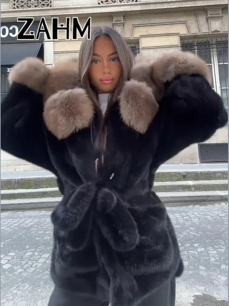 NEW UK Size Black/White/Gray Color Elegant Collar Fur Lace Up Coat Women Loose Full Sleeve Open Stitch Lapel Warm Coats Female Autumn Winter Thicken Top New Girls Winter Outwear