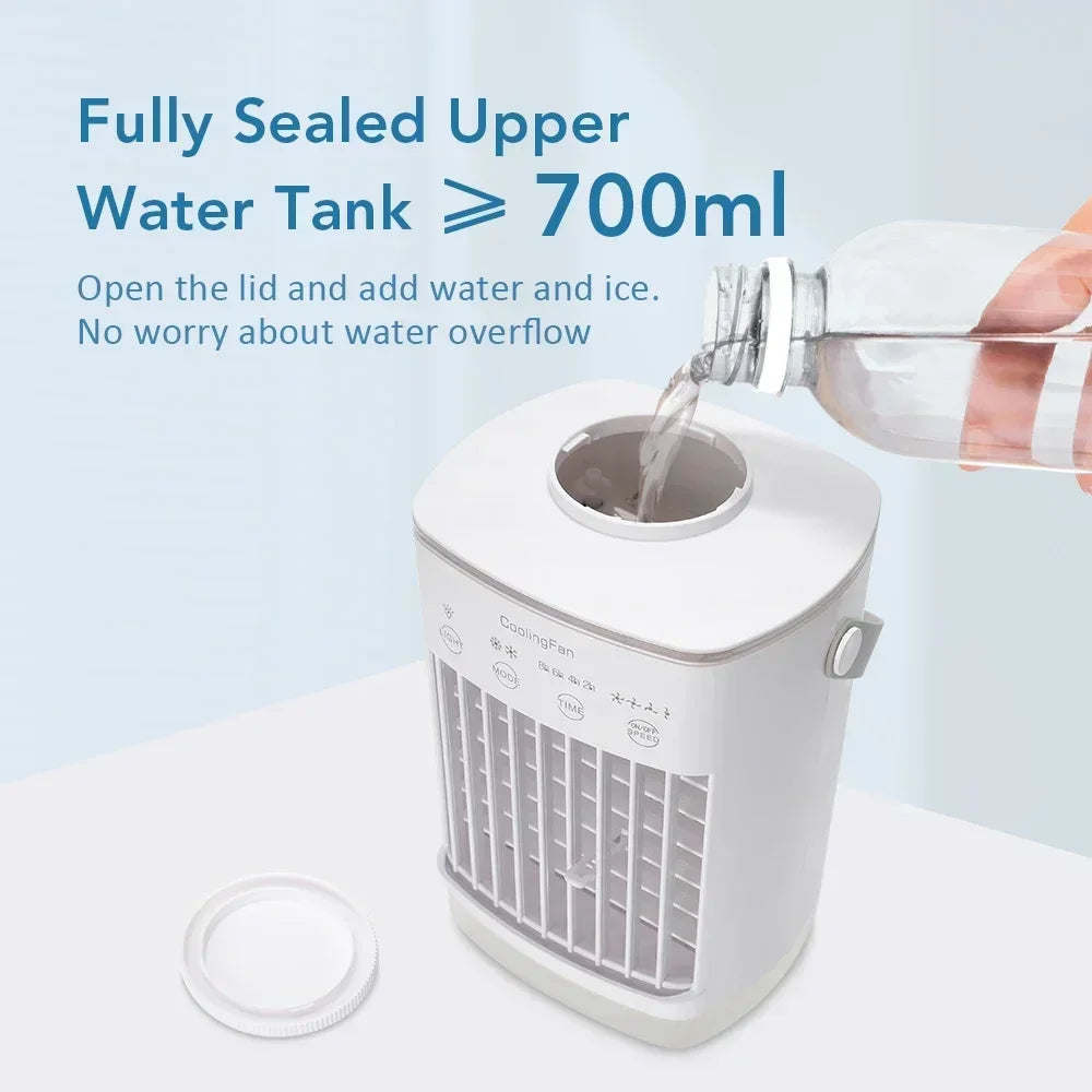Home Office Air Conditioner Portable Fan Desktop Dual Spray Ultrasonic Atomization 3/4-Speed Mute Air Cooler Night Light for Outdoor Camping Beach Picnic Cooling Supplies
