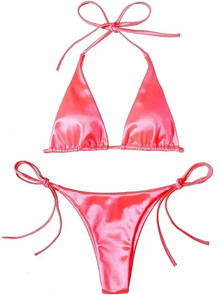 18 Colors UK Size Halter Brazilian Metallic Satin Bikini Women Swimwear Female Swimsuit Two-pieces Bikini Set High Cut Bathing Suit Swim Beachwear