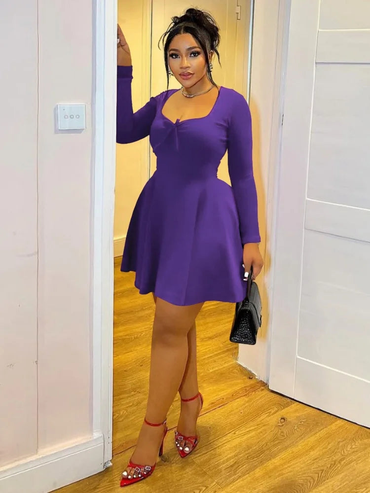 UK XL-5XL (18-26) Plus Size Purple Black Red Color For Sexy Curvy Women Dresses Sexy Squared Collar Top Bodycon High Waist Long Sleeve Dress Drop Spring  Summer Evening Night Clubwear Outfit