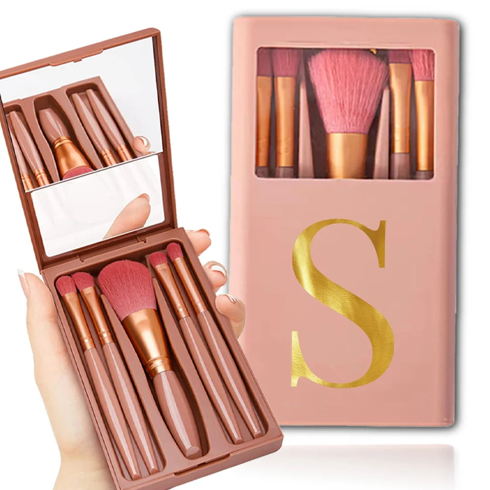 NEW Arrivals 5 PCS Set  Cosmetic Brushes Travel Kit With Mirror Organizer Case Make-Up Powder Smudge Brush Set Full Series Storage Box Letter Pattern Women Cosmetic Accessories