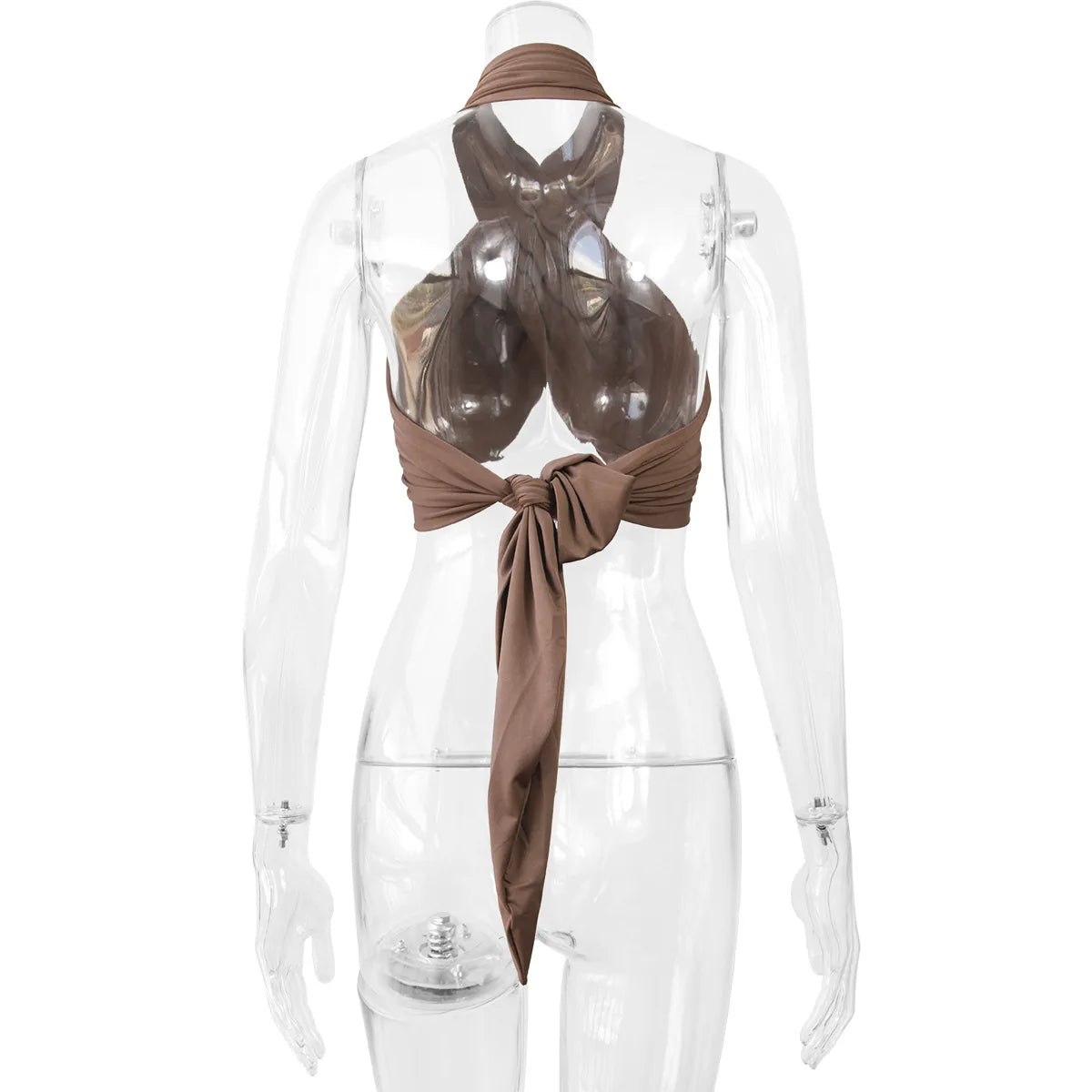 NEW Sexy Brown Tank Top Wrap Gather Chest Halter Cross Bandage Crop Tops Women Bare Midriff Backless Camis Female Sleeveless Cropped Vest