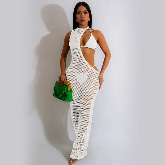 NEW Arrivals S-2XL 10 Colors/Patterns Tiger Zebra Knitted Crochet Beach Cover Ups Women Solid One Shoulder Sleeveless Long Maxi Dress  Summer Sexy Hollow Out Bikini Covers Girls Ladies Beach Wear