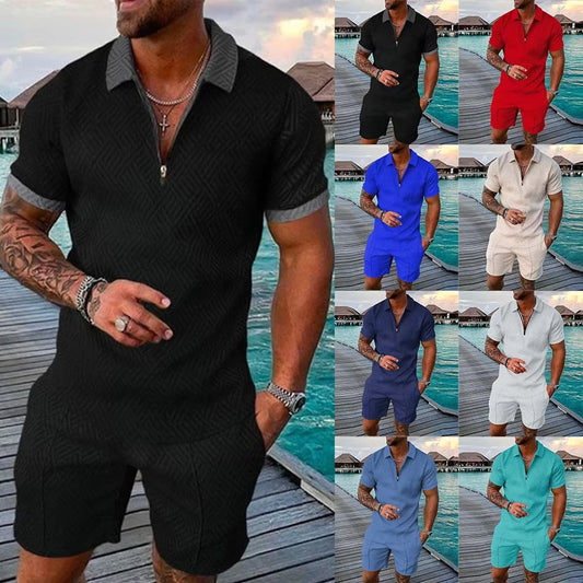 2 PCS Set S-5XL Plus Size for Curvy Men's Athletic T-Shirt Set Casual Mesh Lapel Short Sleeve Pullover Tops + Shorts  Solid Thin Sporty Suits Summer Casual Clothing Suit