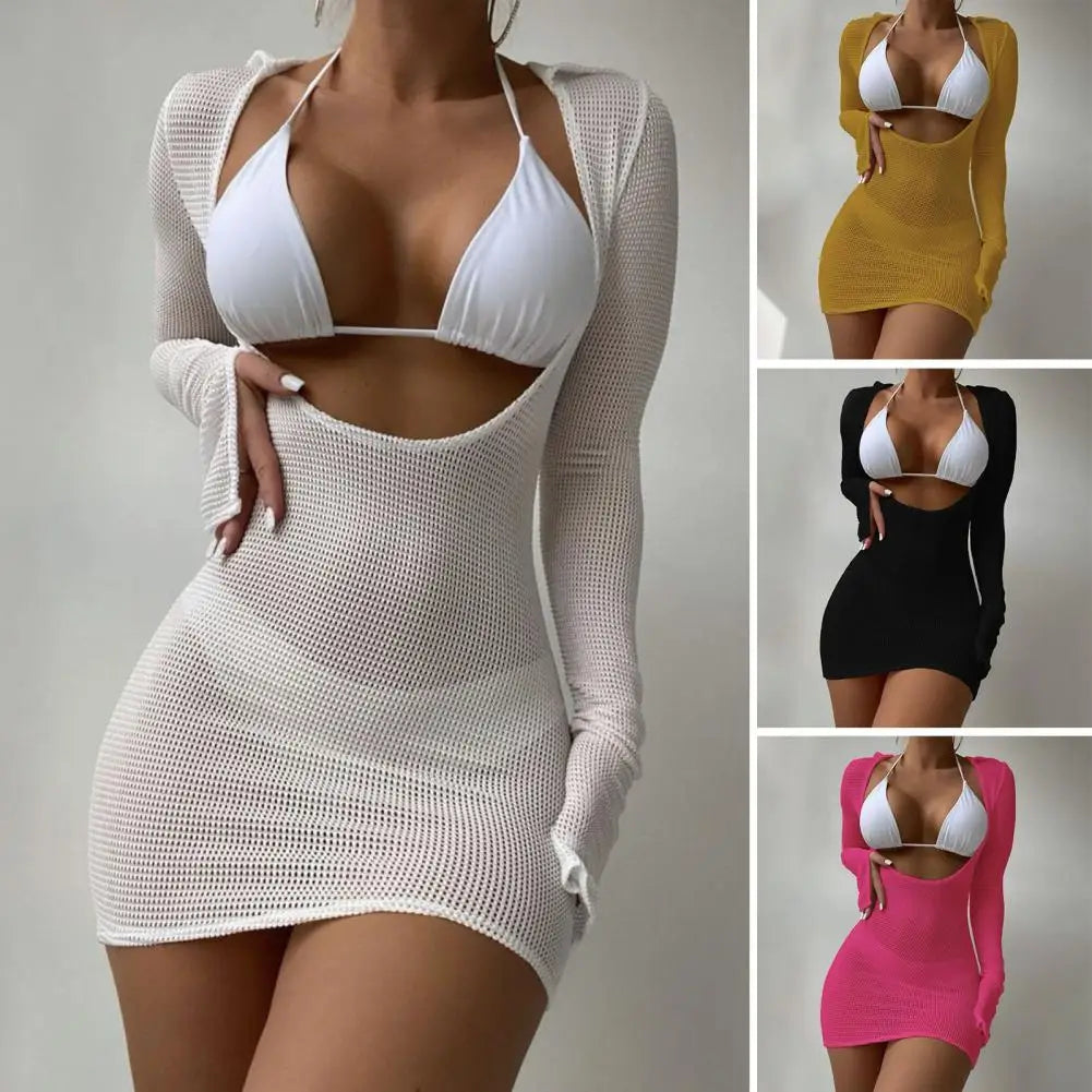 3 Pcs/Set Bikini Set Cover Up Set Three-point Long Sleeves Lady Beach Swimsuit Low-cut Skinny Elastic See-through Lady Swimwear