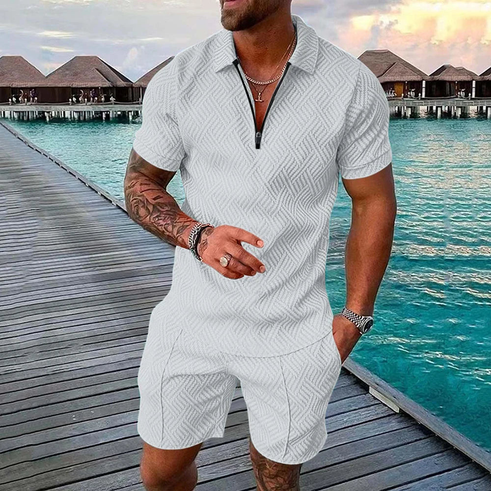 2 PCS Set S-5XL Plus Size for Curvy Men's Athletic T-Shirt Set Casual Mesh Lapel Short Sleeve Pullover Tops + Shorts  Solid Thin Sporty Suits Summer Casual Clothing Suit