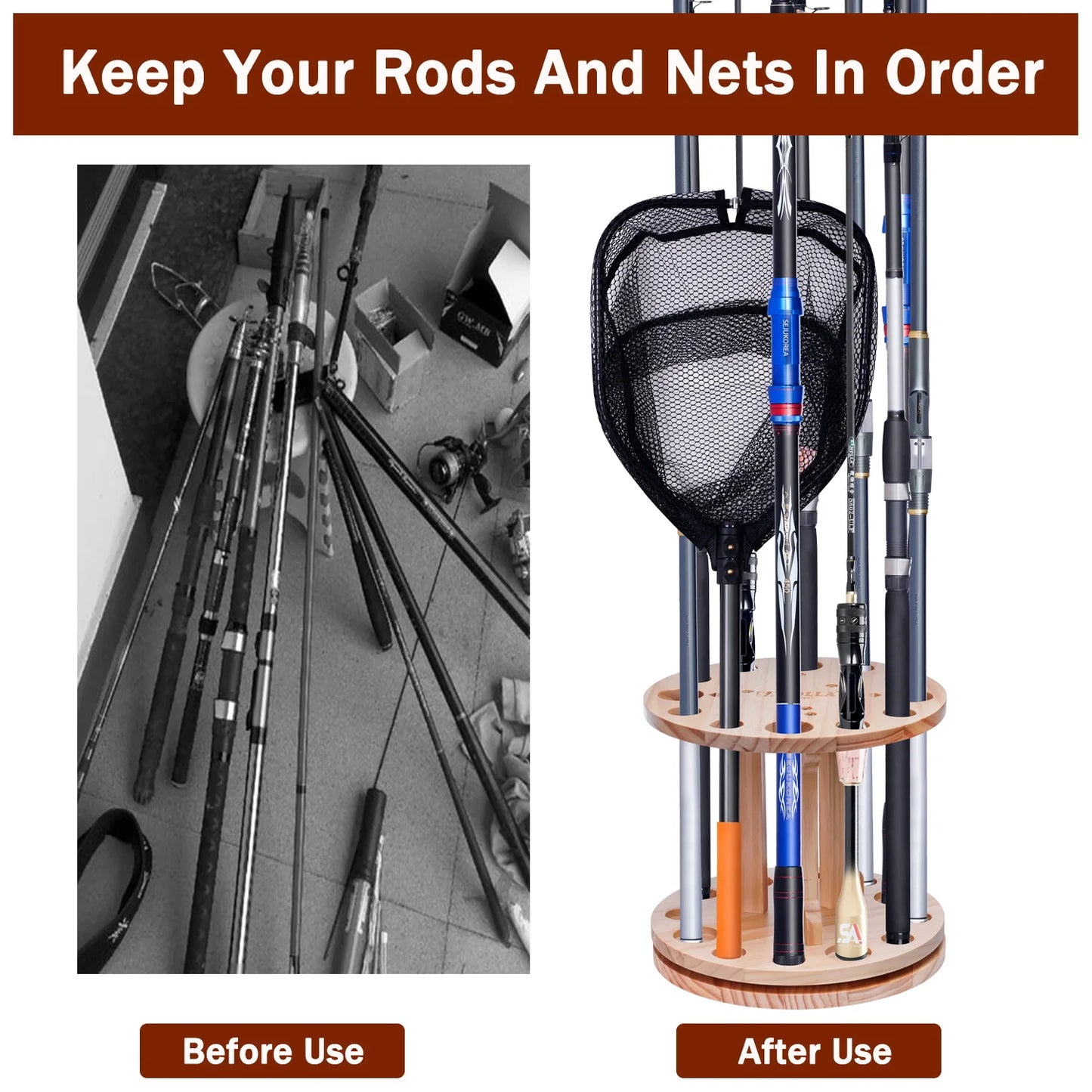 360 ° Rotation Wooden 12 Slots Round Fishing Rod Holder Upgrade And Strengthen Space Saving Storage Organizer Roove Fishing Gear