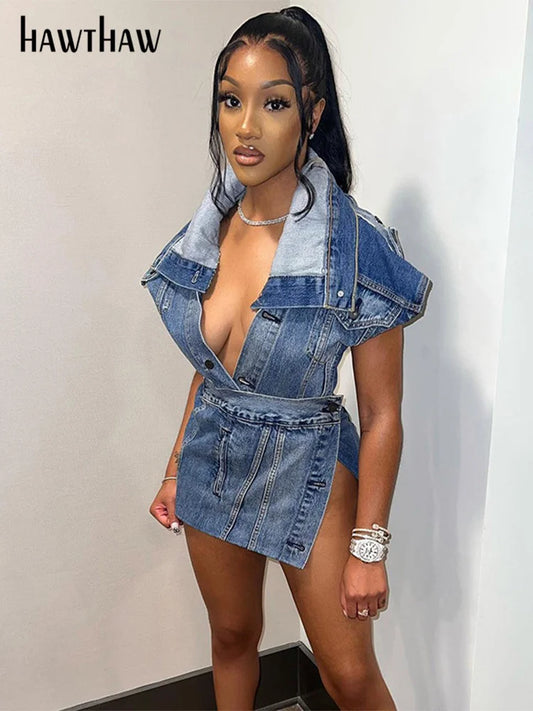 Women Denim V Neck Tops Mini Skirts Two Piece Matching Sets Outfits Summer Clothes Wholesale Items For Business