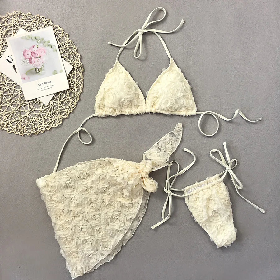 3 PCS Set Sexy Bikini Floral Fabric Strap Women's Triangle Bag Cross-Border New Arrival Top Quality Swimwear for Swimming Women Summer Beach Apparel Clothing Suits