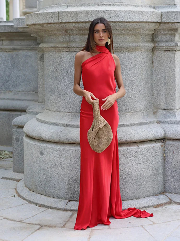 Luxury Satin Ribbon Halter Long Dresses 15 Colors S-XL UK Size Women's Backless Formal Maxi Dress Evening Wedding Guest Red Carpet Business Party Summer Graduation New Arrivals