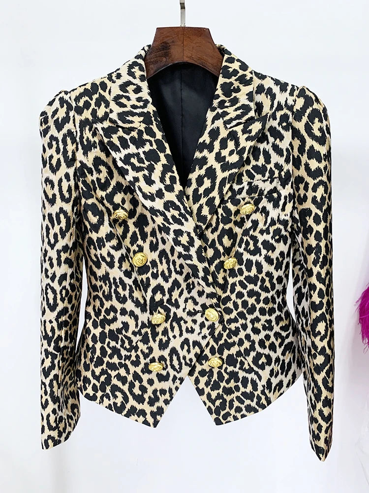 HIGH STREET Newest Designer Jacket Women's Slim Fit Lion Buttons Double Breasted Jackquard Leopard Blazer