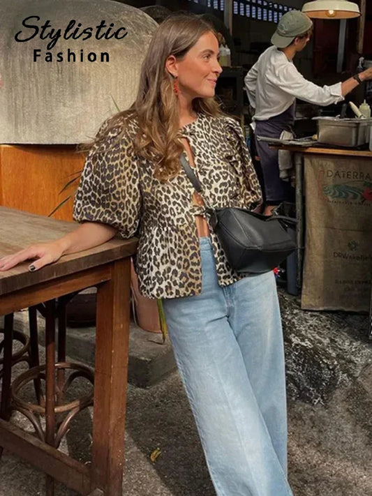 Leopard Print Shirt For Women Bow Lace Up O-neck Short Puff Sleeve Female T-shirt Summer Fashion All-match Street Lady Tops